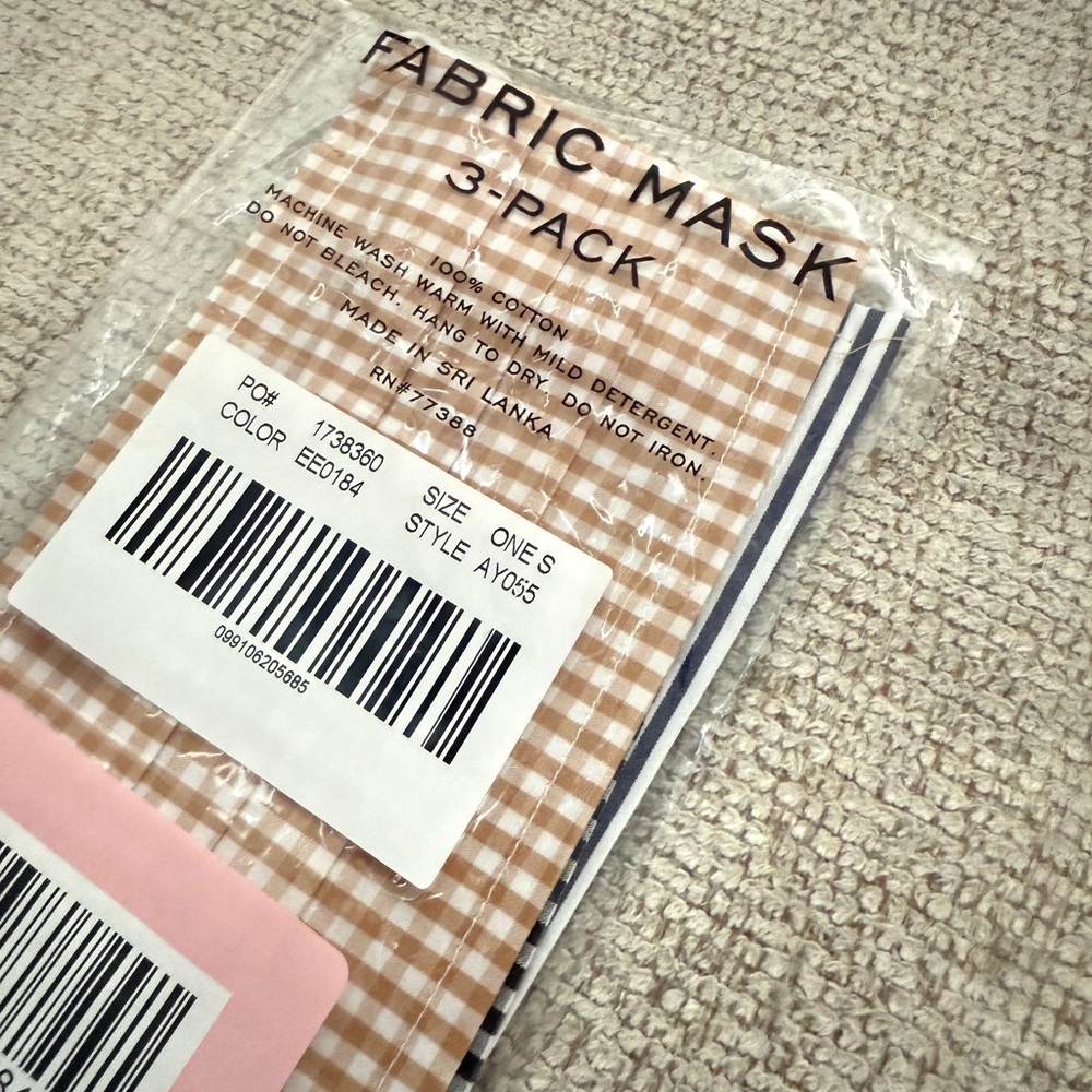 J.Crew 3 pack fabric masks gingham striped